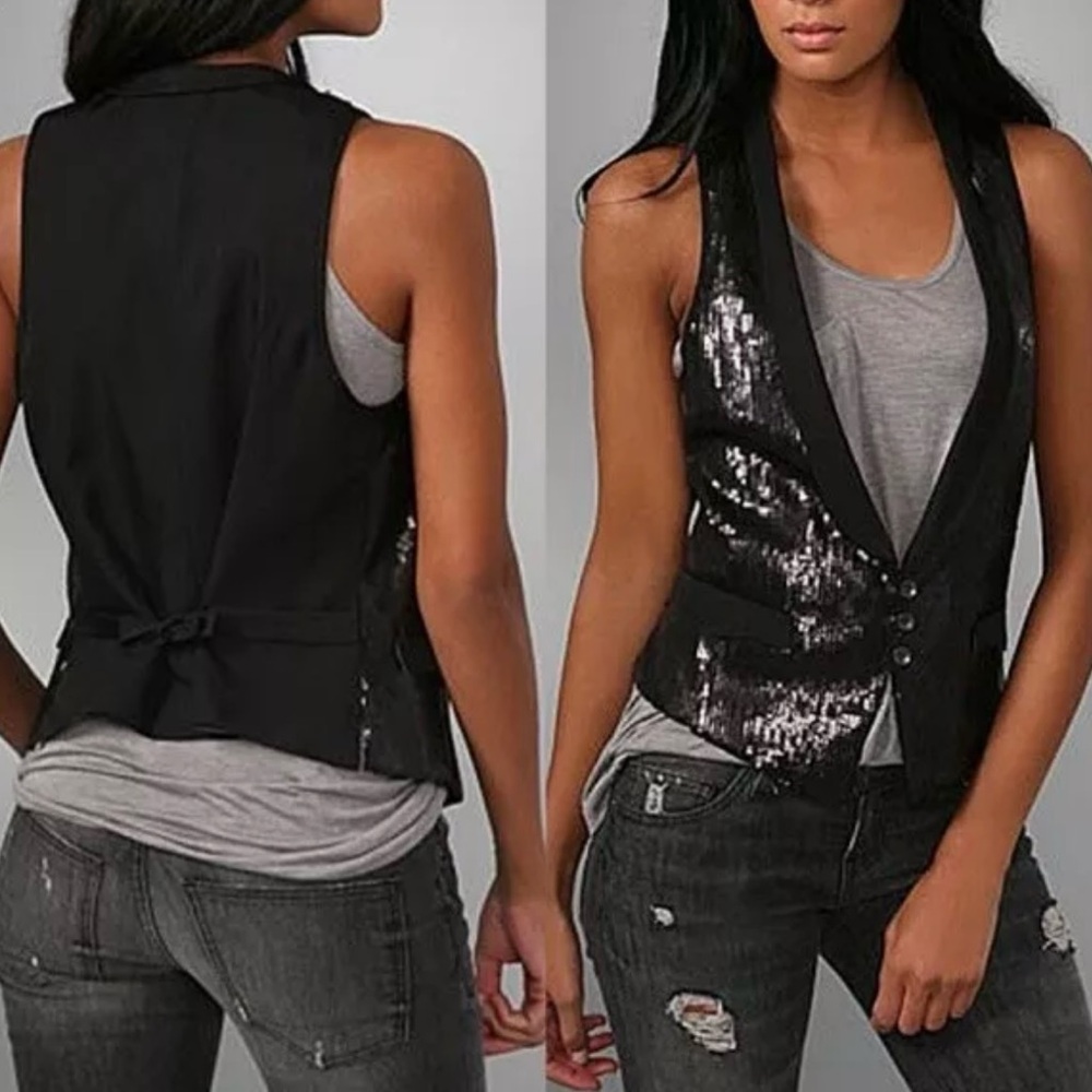 Rag & Bone Sequin Vest Size 2 Black Cropped Moto … - image 5